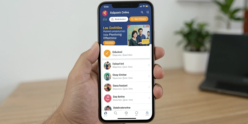 Tampilan antarmuka aplikasi Les Online 55RP yang interaktif dan mudah digunakan.